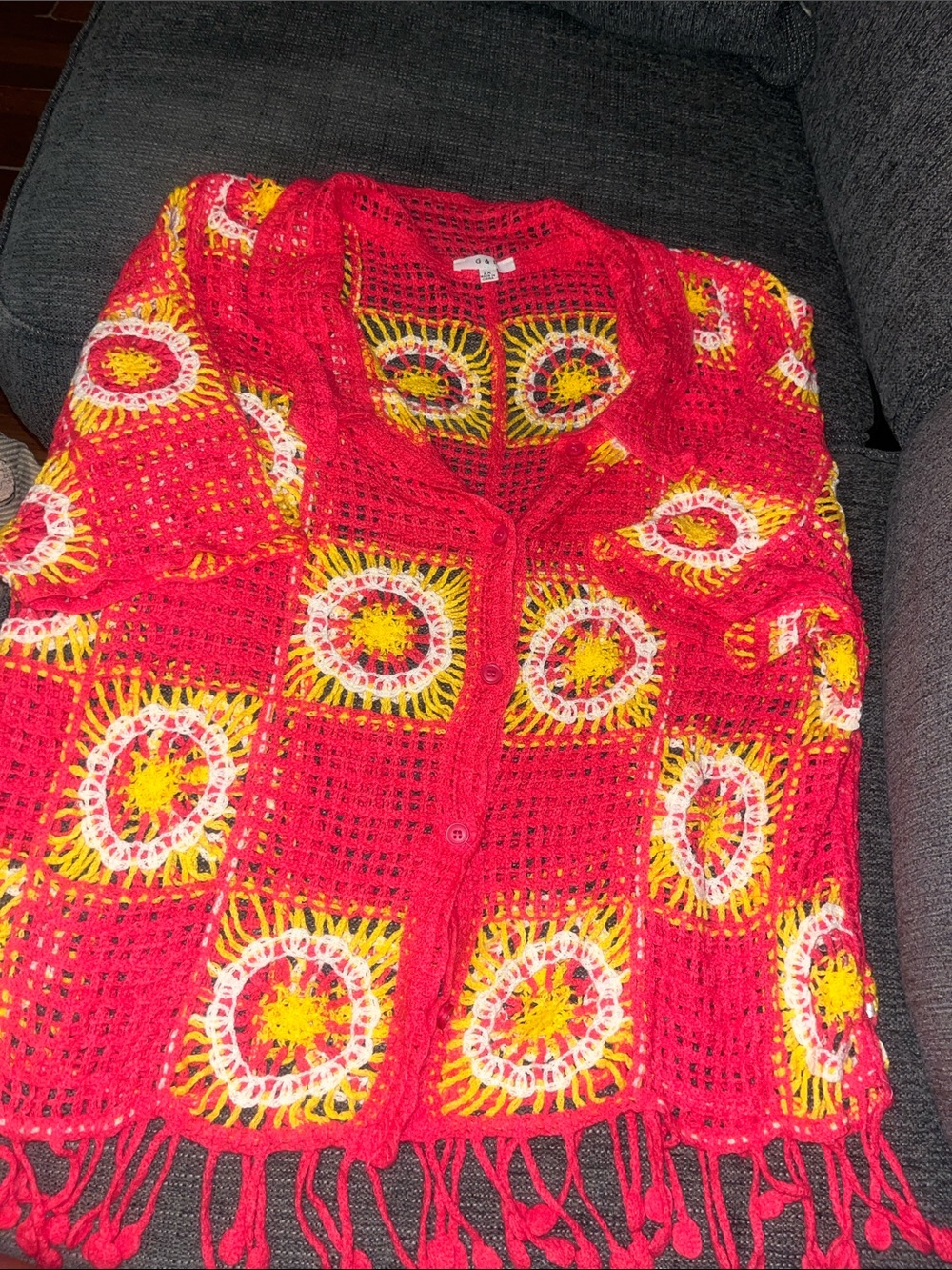 Boho Red Crochet Fringe Button-Front Cardigan